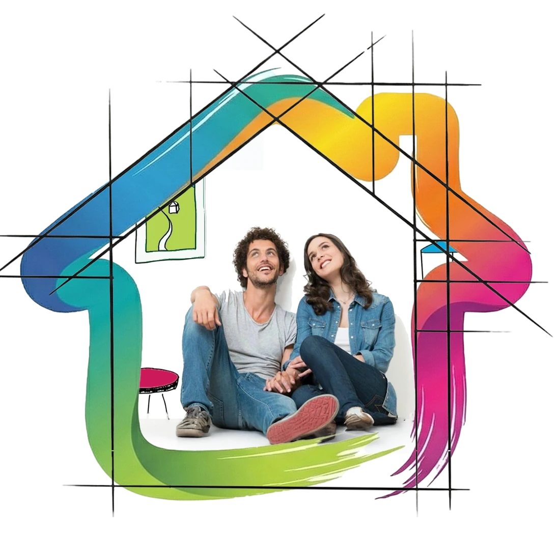 A happy couple sitting together inside Chroma's colourful painted house